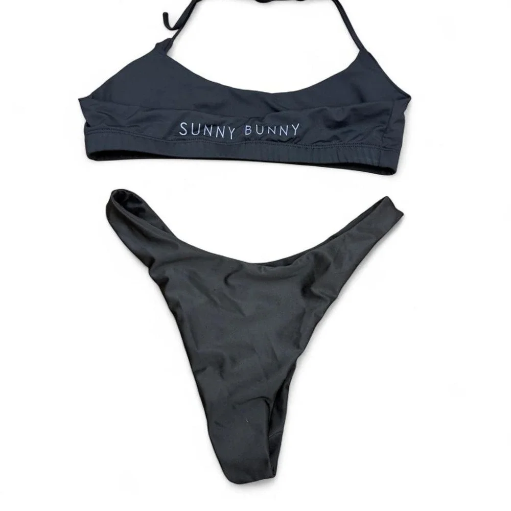 Sunny Bunny Swim Black Two Piece Bikini Set Womens Large Halter High Cut Cheeky